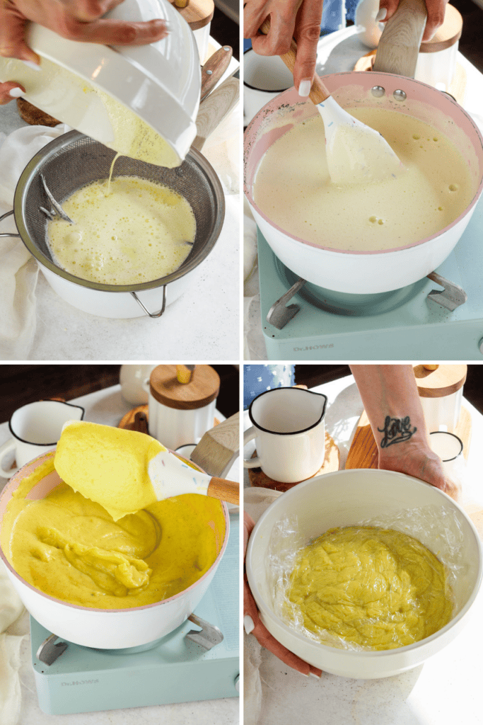 first picture: pouring the custard through a strainer into a pan. second picture: stirring the custard over the heat with a spatula inside of a saucepan. third picture: spatula with custard coating the spatula. fourth picture: custard inside of a bowl, with plastic wrap on top.