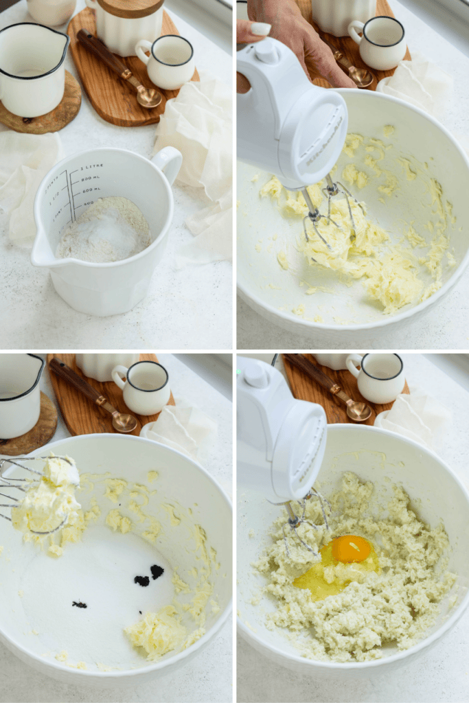 first picture: measuring cup with flour, baking powder, baking soda, and salt inside. second picture: hand beating butter with a mixer. third picture: bowl with butter whipped inside, and added sugar, and vanilla beans. fourth picture: bowl with whipped butter and sugar inside, and an egg added to the bowl.