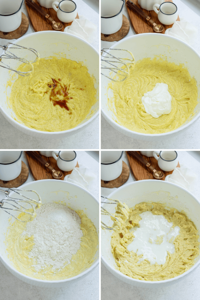 first picture: bowl with cake batter and a mixer next to it, and vanilla added to the bowl. second picture: sour cream added to the bowl with batter. third picture: flour added to the bowl with the batter. fourth picture: milk added to the bowl with batter.