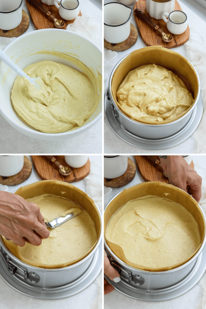 first picture: cake batter inside of a bowl, with a spatula. second picture: vanilla cake batter inside of a cake pan lined with parchment paper. third picture: spreading the cake batter in the pan with a spatula. fourth picture: cake batter smooth inside of a cheesecake pan.