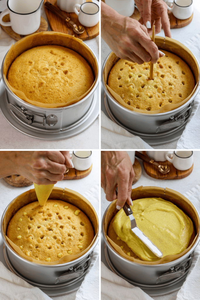 first picture: vanilla cake in a springform pan. second picture: poking holes on a vanilla cake using a stick. third picture: filling up the cake holes with vanilla pastry cream. fourth picture: spreading vanilla pastry cream on top of the cake.