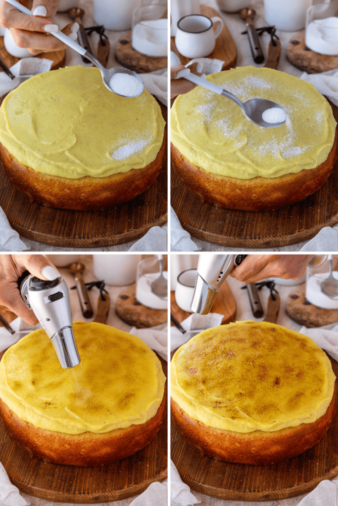 first picture: sprinkling sugar on top of a cake topped with pastry cream. second picture: sprinkling granulated sugar on top of the cake. third picture: torching the cake with a kitchen torch to toast the top. fourth picture: toasting the top of the cake with a kitchen torch.