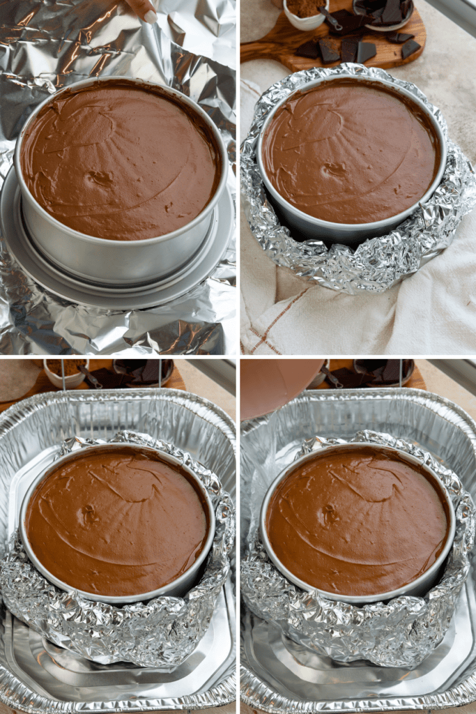 first picture: cheesecake pan with chocolate cheesecake batter inside on top of aluminum foil. second picture: foil folded over to wrap the bottom of the cheesecake pan. third picture: cheesecake pan with chocolate cheesecake batter inside of a roasting pan. fourth picture: pouring water from a saucepan inside of a roasting pan which contains the cheesecake pan with the chocolate cheesecake batter.