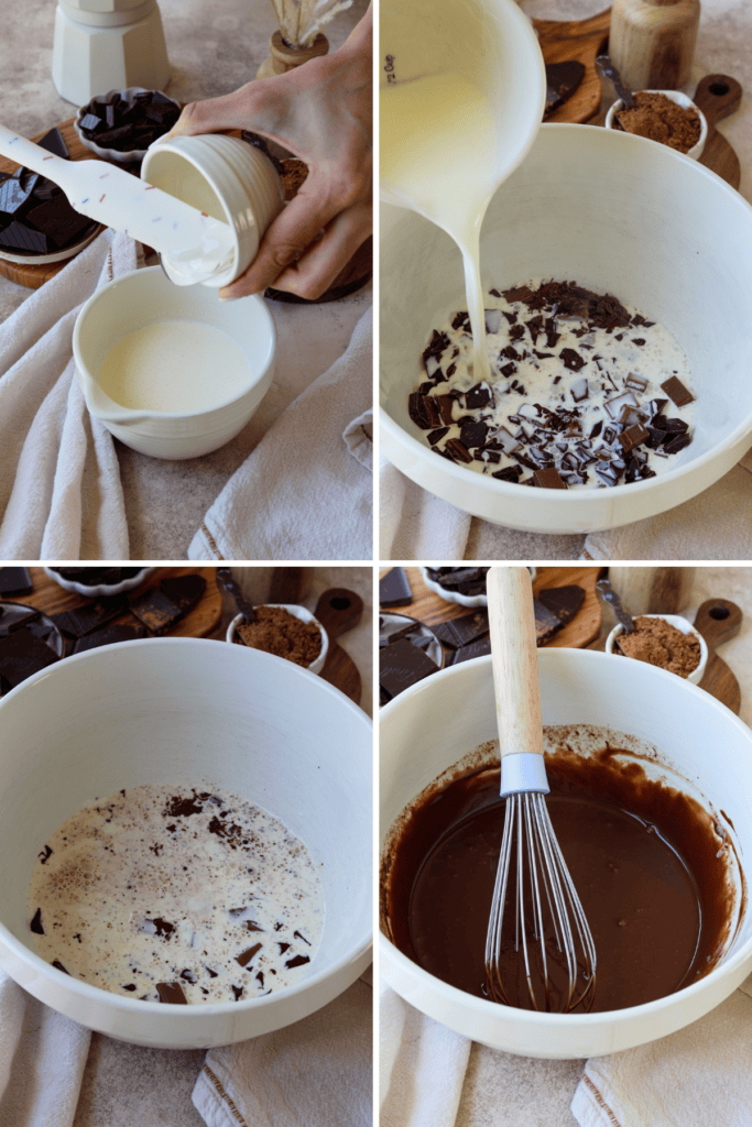 first picture: adding corn syrup to a bowl with cream inside. second picture: pouring hot cream over chopped chocolate in a bowl. third picture: bowl with melted chocolate and cream inside. fourth picture: whisk in a bowl with melted chocolate.