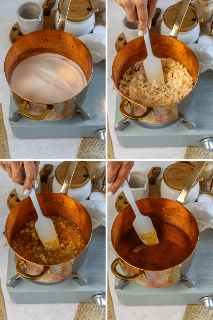 first picture: copper pan with sugar inside, on top of a burner. second picture: hand stirring the caramel with a spatula and sugar is melting in the pan. third picture: hand is stirring the caramel sauce and just a few bits of sugar remain un-melted. fourth picture: melted caramel in the copper pan.