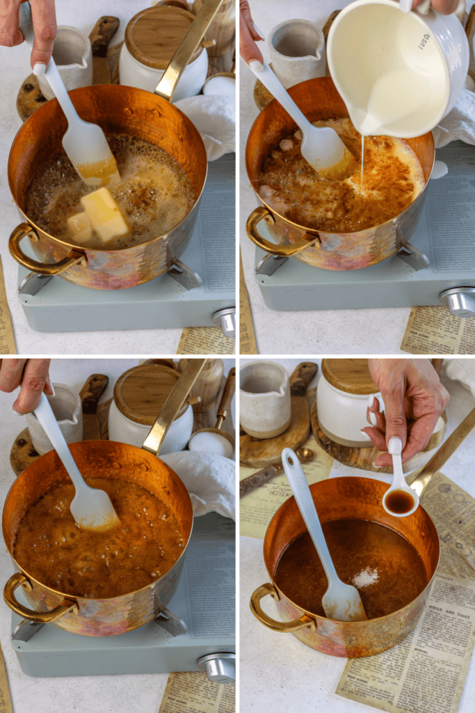 first picture: caramel sauce cooking in a saucepan, with butter added to the sauce. second picture: pouring heavy cream in the pan with caramel sauce. third picture: stirring bubbling caramel sauce with a spatula. fourth picture: adding vanilla extract and salt to the saucepan.