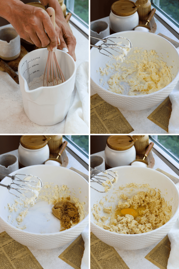first picture: whisking flour and baking powder baking soda, and salt in a measuring cup with a whisk. second picture: butter whipped with a mixer in a bowl. third picture: bowl with whipped butter inside, and brown sugar and granulated sugar in a bowl. fourth picture: egg added to the bowl with whipped butter and sugar.