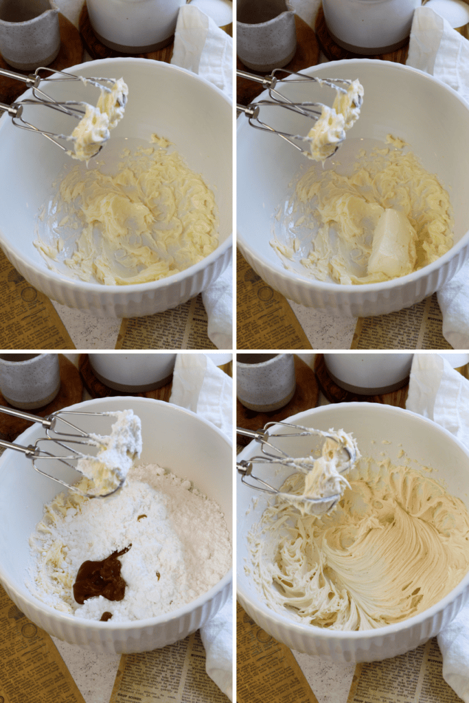 first picture: bowl with whipped butter inside. second picture: bowl with whipped butter and cream cheese added to the bowl. third picture: bowl with whipped butter inside and powdered sugar added to the bowl and caramel sauce. fourth picture: bowl with salted caramel cream cheese whipped in the bowl.