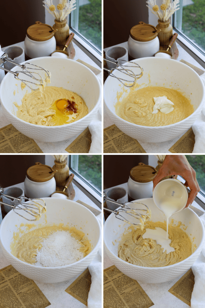 first picture: bowl with whipped butter, sugar, and egg and vanilla added to the bowl. second picture: bowl with whipped batter inside and sour cream added to the bowl. third picture: bowl with whipped batter inside and flour added to the bowl. fourth picture: adding buttermilk to a bowl of batter and a mixer next to it.