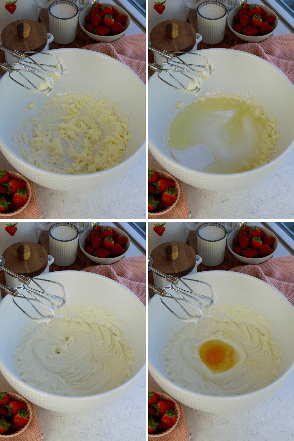 first picture: butter whipped inside of a bowl. second picture: bowl with whipped butter inside and granulated sugar and vegetable oil in the bowl. third picture: bowl with whipped butter with sugar. fourth picture: whipped butter and sugar in a bowl with an egg added to it.