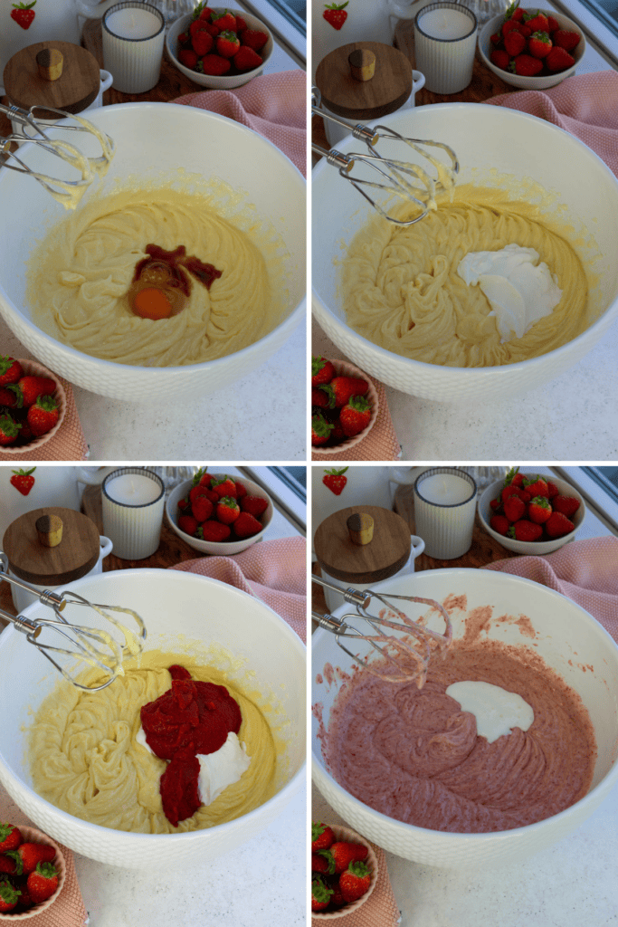 first picture: bowl with batter inside and an egg and vanilla extract. second picture: bowl with batter inside, and sour cream added to the bowl. third picture: bowl with batter inside and sour cream, and strawberry puree. fourth picture: bowl with pink batter inside and added buttermilk to the bowl.