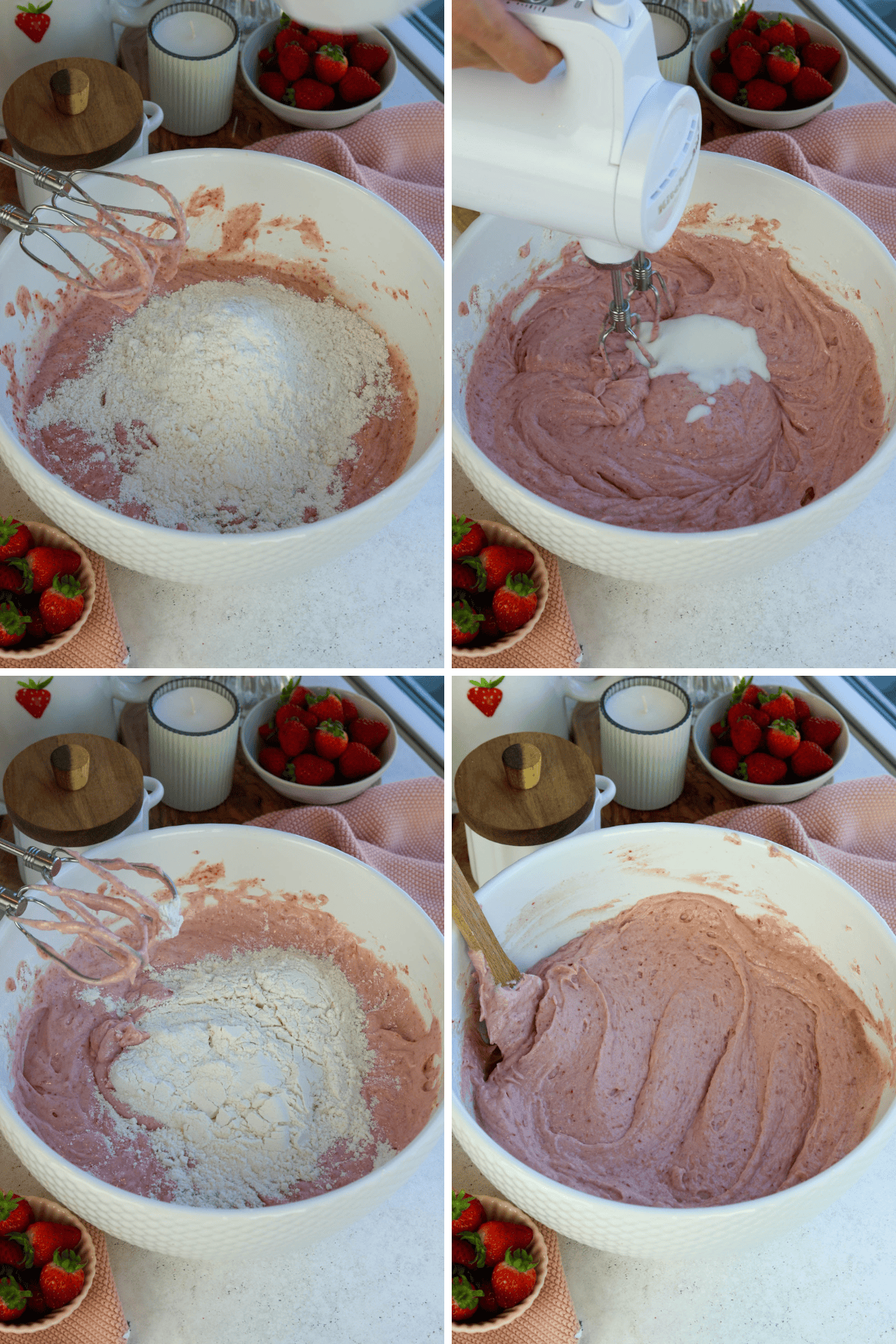 first picture: bowl with pink batter inside, and flour added to the bowl. second picture: bowl with pink batter inside and buttermilk in the bowl. third picture: bowl with pink batter inside and flour added to it. fourth picture: bowl with strawberry cake batter.