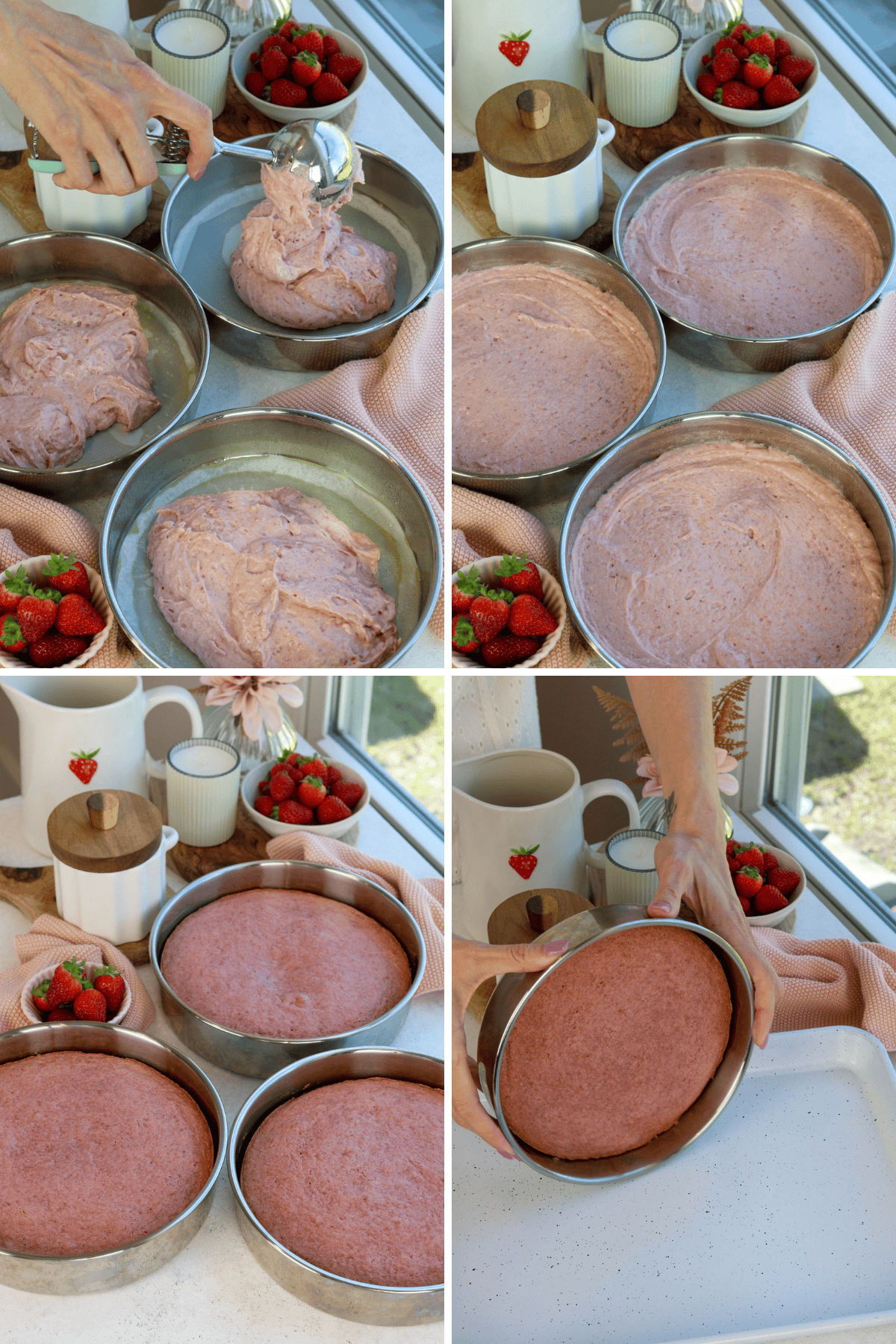 first picture: hand scooping strawberry cake batter in a pan, there are three round 8 inch pans in the picture filled with cake batter. second picture: three round cake pans with strawberry cake batter inside. third picture: cake pans with baked strawberry cake in the pans. fourth picture: hand flipping a strawberry cake on a baking tray.