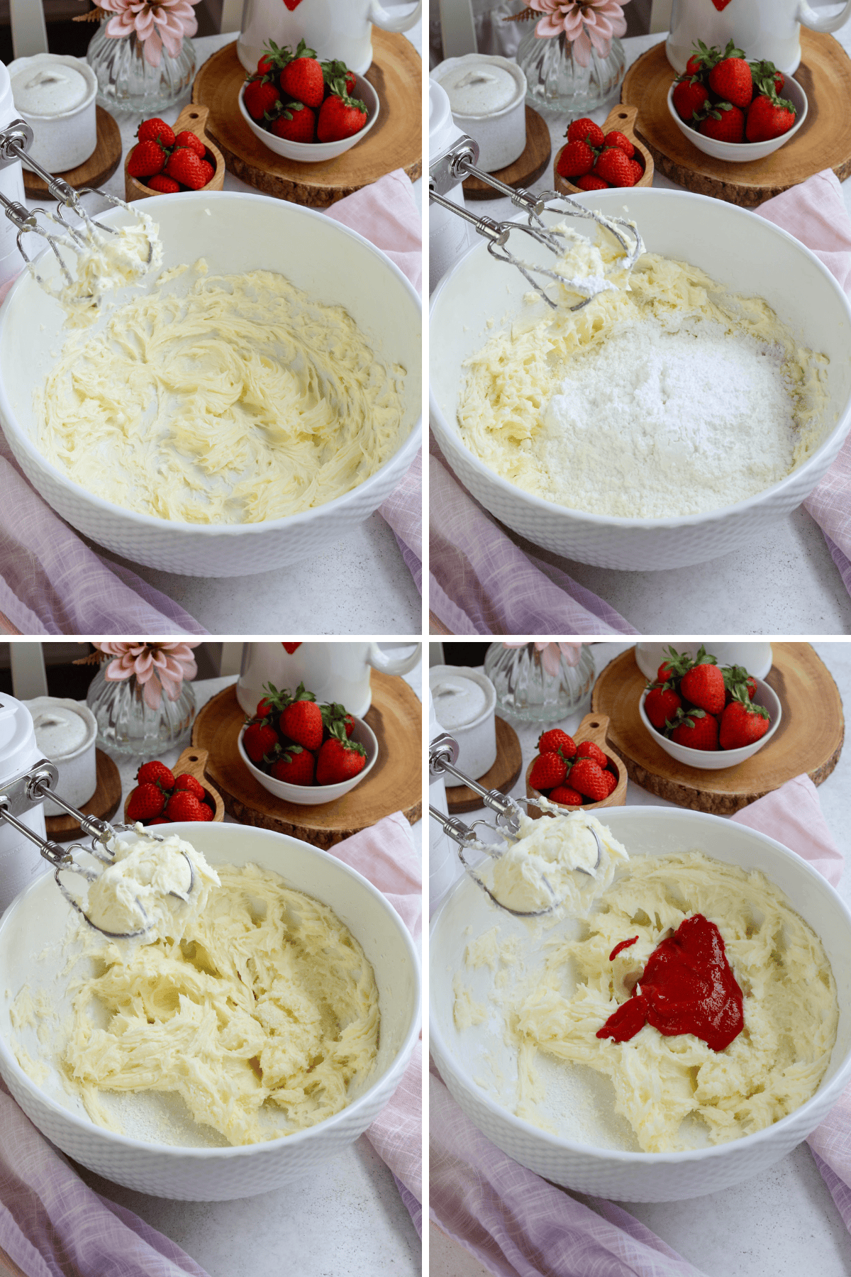 first picture: bowl with whipped butter and cream cheese inside. second picture: powdered sugar added to the bowl of whipped cream cheese and butter. third picture: cream cheese, butter, and powdered sugar whipped in a bowl, with a hand mixer next to it. fourth picture: bowl with whipped butter and sugar inside and strawberry puree added to the bowl.