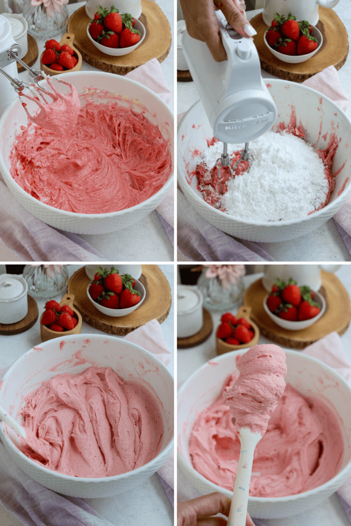first picture: bowl with pink strawberry frosting inside. second picture: bowl with pink strawberry frosting inside and powdered sugar added to it. third picture: bowl with pink frosting inside with strawberries in the back. fourth picture: bowl with frosting in the back and a spatula with creamy pink strawberry frosting.