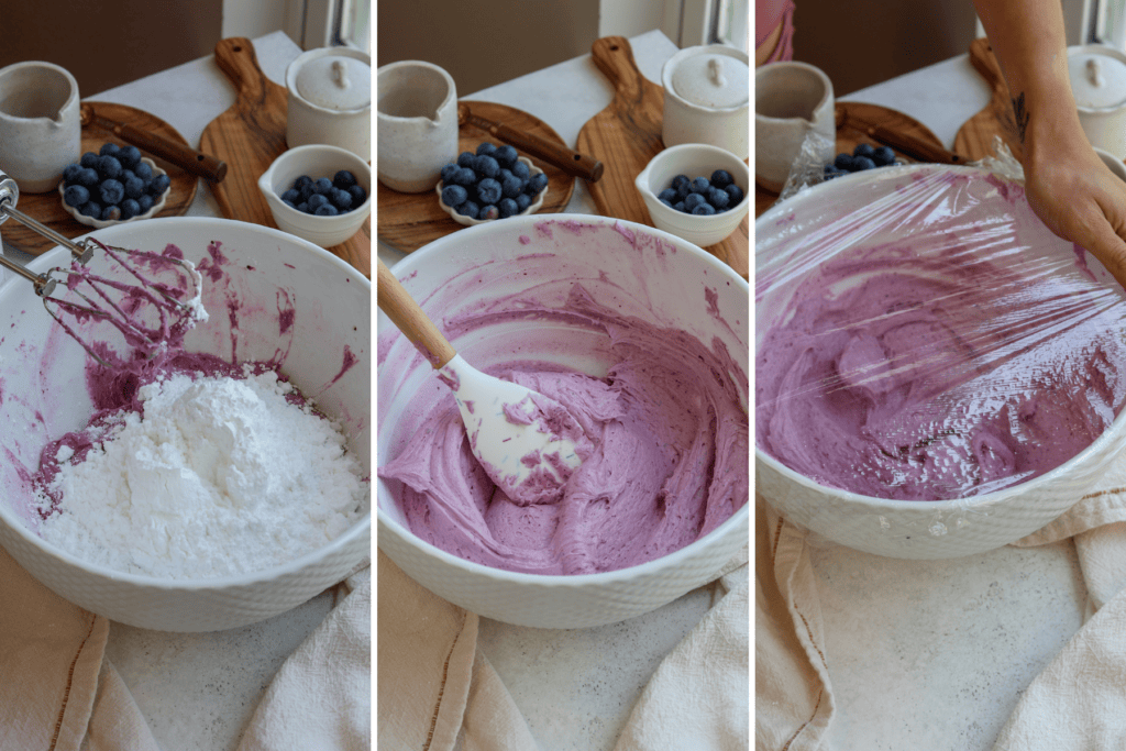 first picture: bowl with blueberry frosting inside and powdered sugar added to the bowl. second picture: creamy and purple blueberry frosting in a bowl. third picture: bowl of blueberry frosting covered with plastic.