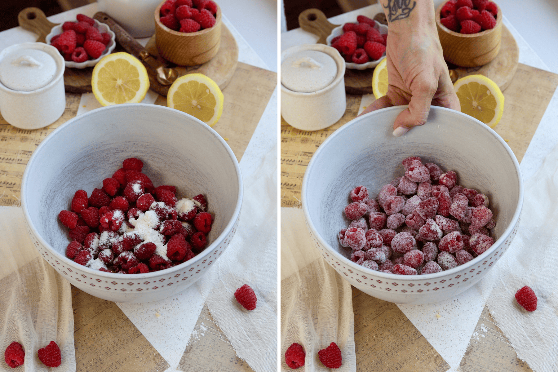 first picture: bowl with raspberries inside and flour. second picture: raspberries mixed with flour inside the bowl.