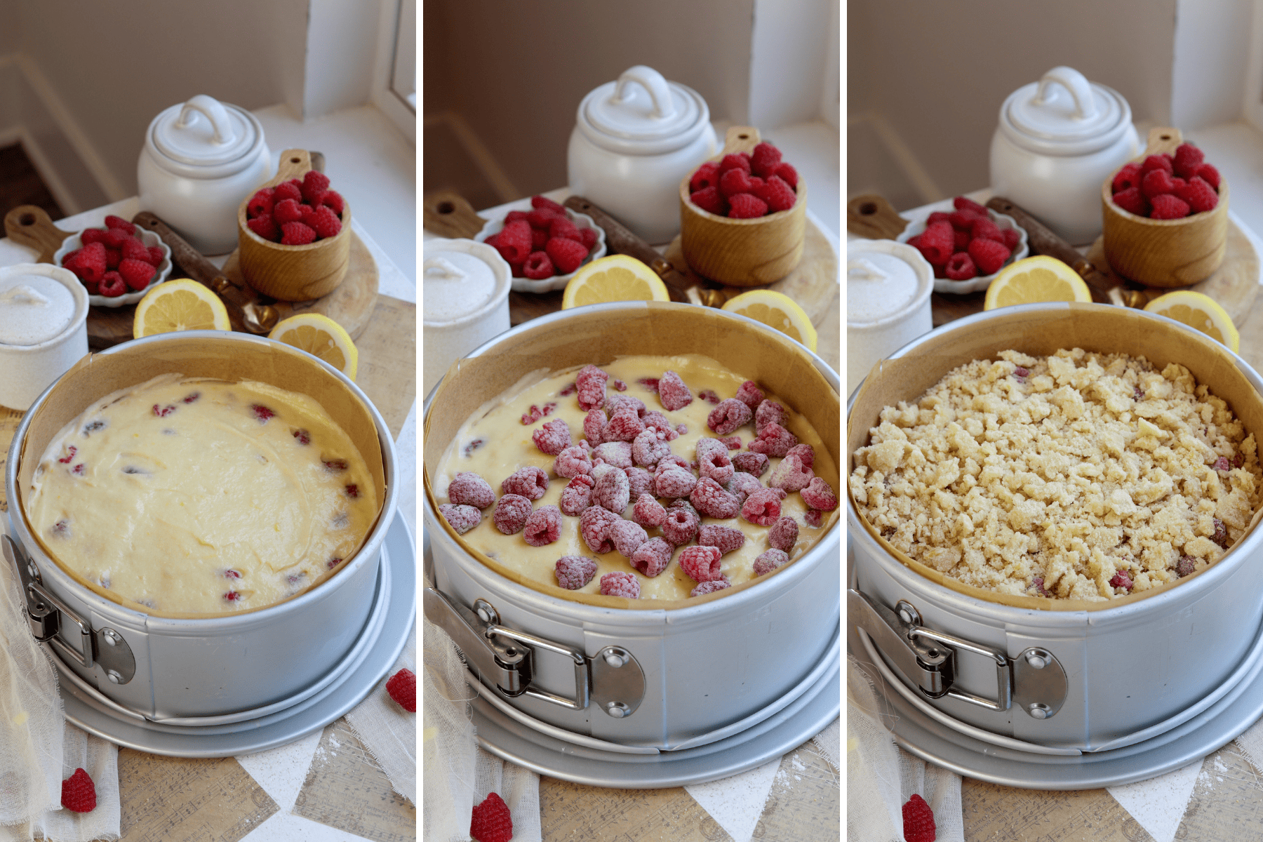 first picture: springform pan with cake batter inside and raspberries. second picture: cake pan with cake batter inside and floured raspberries on top. third picture: cake pan with cake batter inside, topped with streusel crumb.