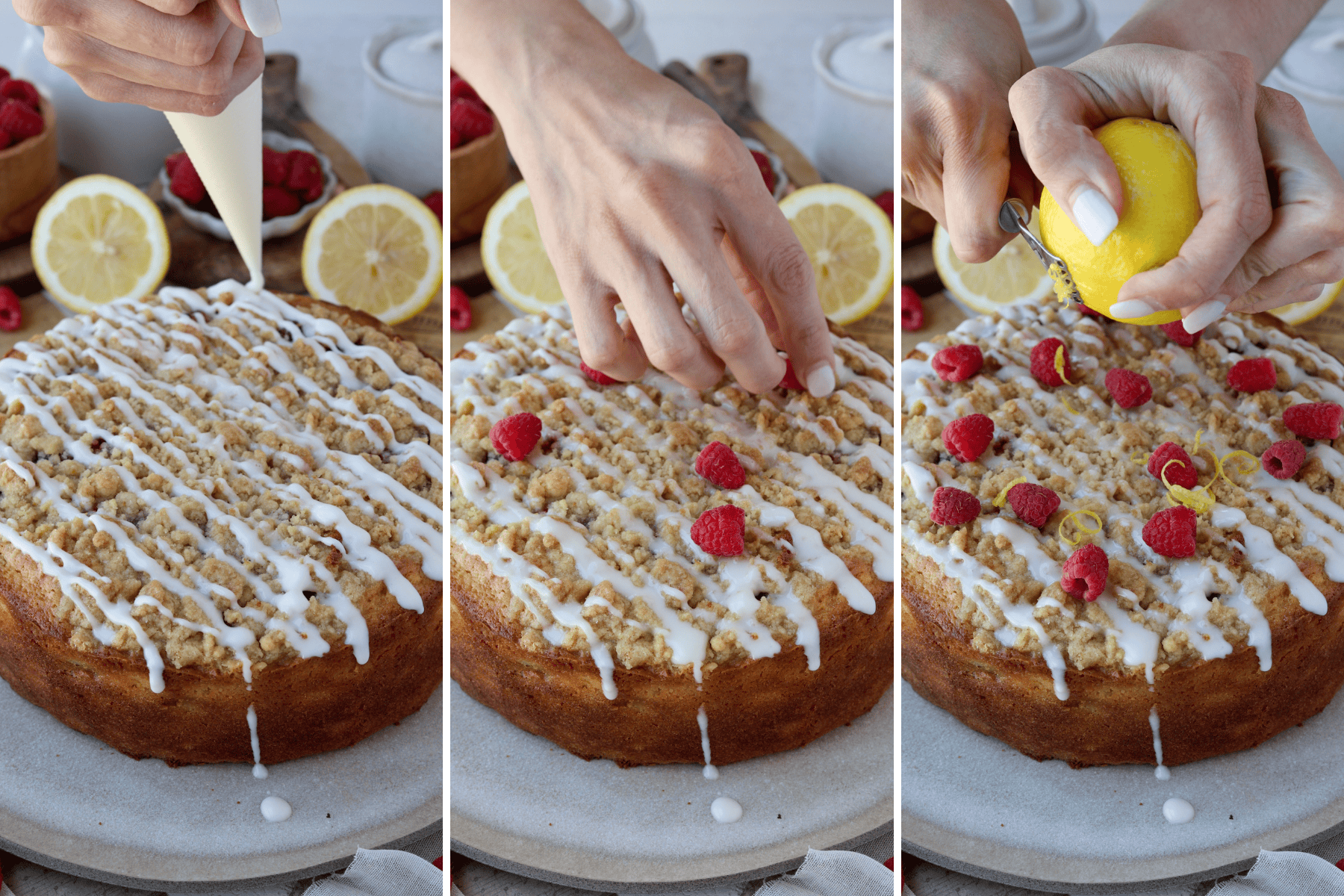 first picture: drizzling glaze on top of crumble lemon cake. second picture: decorating the cake with raspberries. third picture: zesting lemon on top of cake to decorate it.