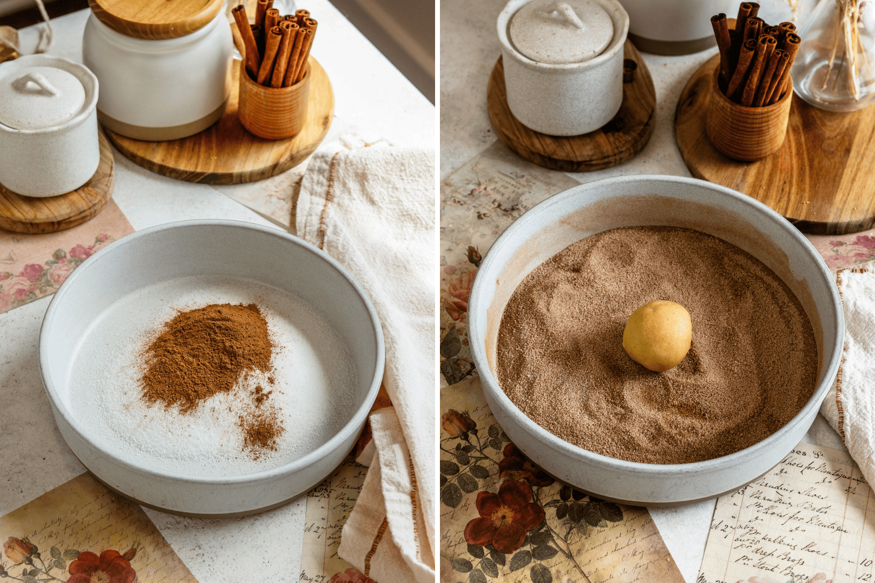 first picture: bowl with sugar and cinnamon in it. second picture: ball of cookie in a bowl with sugar and cinnamon mixed together.