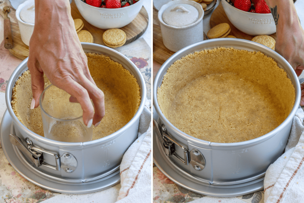 first picture: pressing the crust on the bottom of the springform pan with a cup. second picture: springform pan with a crust packed on the bottom and sides of the pan.