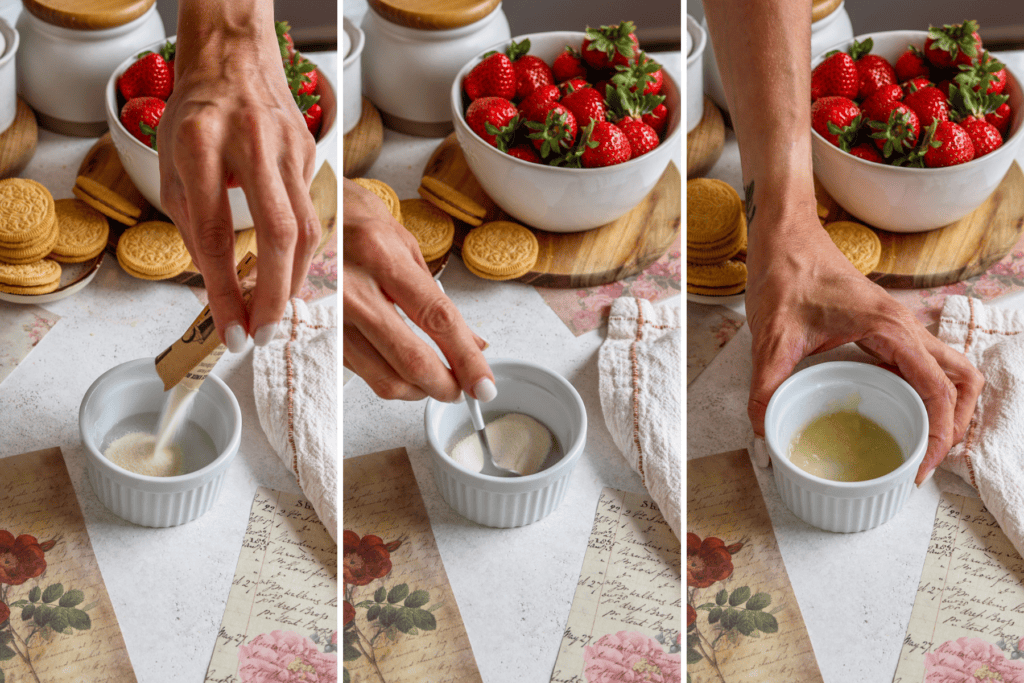 first picture: sprinkling gelatin in a small bowl. second picture: mixing the gelatin powder with water. third picture: bowl with gelatin mixed with water.