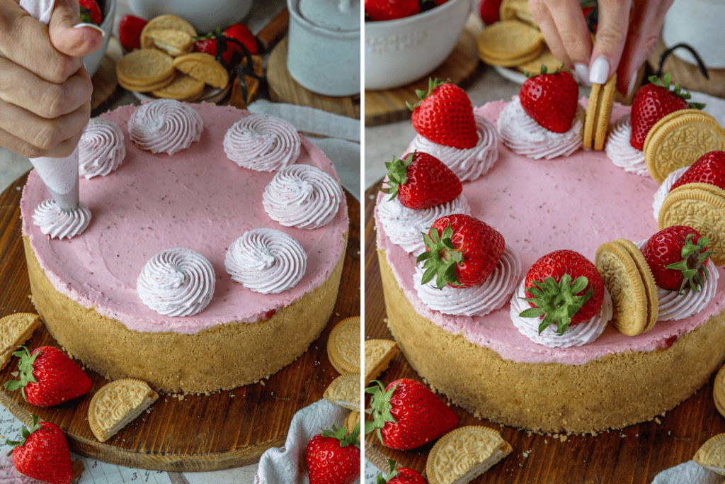 first picture: hand piping strawberry on top of the cheesecake. second picture: placing an oreo on top of a strawberry cheesecake decorated with whipped cream and strawberries.
