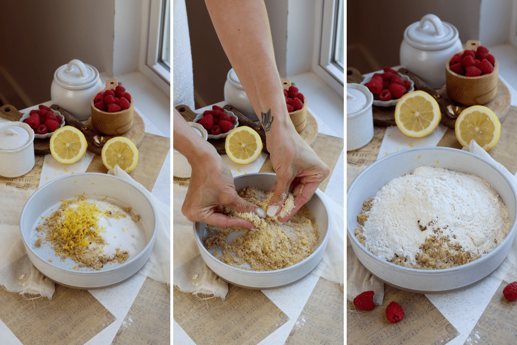 first picture: bowl with brown sugar, granulated sugar and lemon zest inside. second picture: mixing the lemon zest with the sugars. third picture: bowl with granulated and brown sugar and flour added.