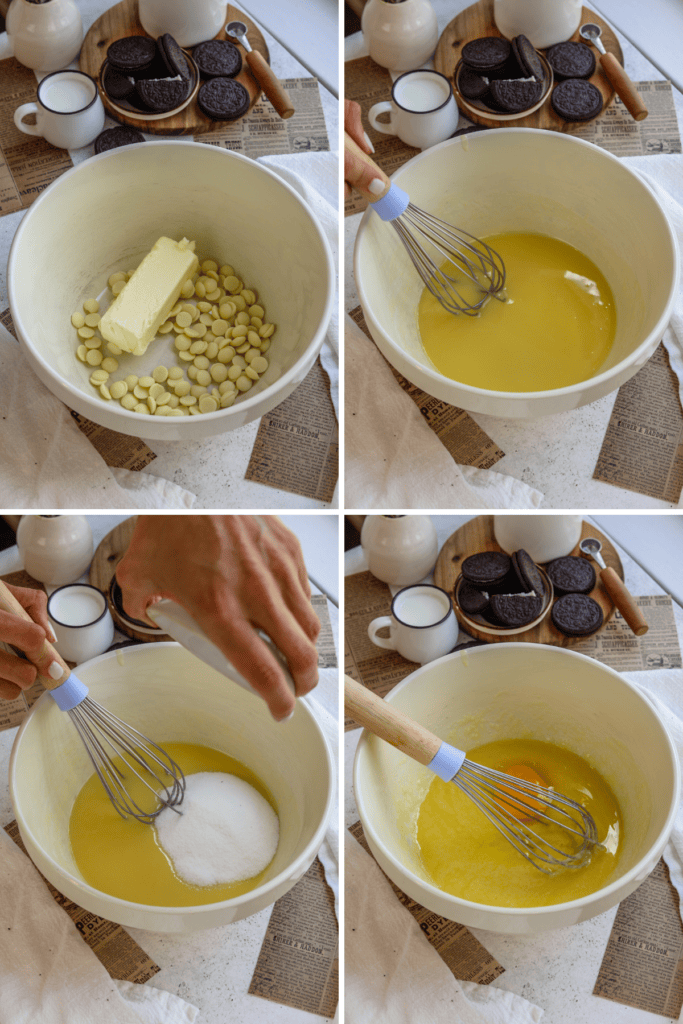 first picture: bowl with a stick of butter and white chocolate chips inside. second picture: whisk mixing the white chocolate chips and butter melted together. third picture: bowl with white chocolate batter and sugar added to the batter. fourth picture: bowl with white chocolate brownie batter inside and an egg added to the bowl.
