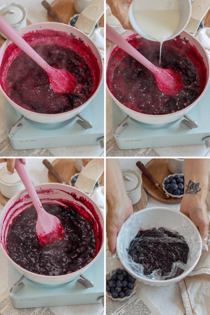 first picture: blueberry sauce cooking in the saucepan. second picture: adding dissolved cornstarch into the bowl with blueberries. third picture: mixing the blueberries with the cornstarch and cooking until thick. fourth picture: blueberry jam in a bowl, covered with plastic wrap.