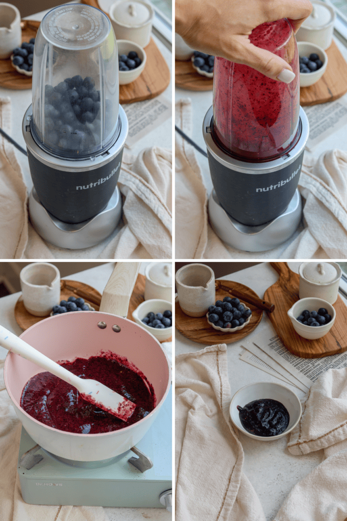 first picture: blueberries in a blender. second picture: blueberries blended in the food processor. third picture: pan with blueberry puree cooked. fourth picture: bowl with blueberry puree in.