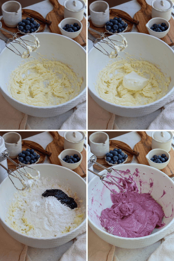 first picture: bowl with whipped butter inside. second picture: bowl with whipped butter and cream cheese added to it. third picture: bowl with whipped butter and powdered sugar and blueberry puree added to it. fourth picture: bowl with whipped purple blueberry frosting.