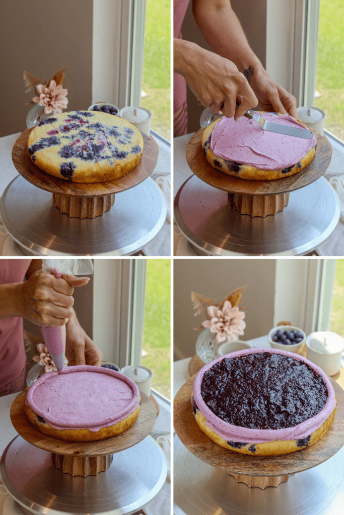 first picture: cake stand with a cake layer on top of it with blueberries in it. second picture: spreading blueberry frosting on top of a cake layer. third picture: piping a ring of frosting around the edges of a cake layer. fourth picture: spread the blueberry jam in the center of the cake layer.