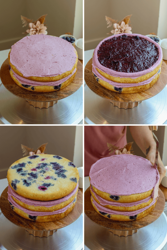first picture: two cake layers stacked with blueberry frosting spread on top. second picture: two cake layers stacked on top of each other, with blueberry jam in the center. third picture: three blueberry cake layers stacked on top of each other. fourth picture: spreading blueberry frosting around and on top of the cake.
