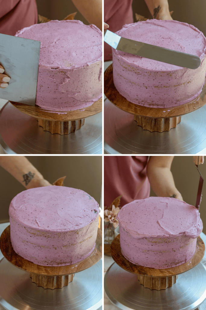 first picture: smoothing out the frosting around the cake. second picture: smoothing out the frosting on top of the cake with an offset spatula. third picture: cake with a crumb coating frosting around it. fourth picture: spreading a thick layer of frosting around the cake.