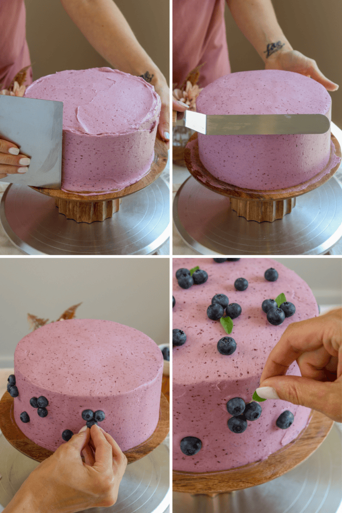 first picture: smoothing out the frosting around the sides of the cake with a bench scraper. second picture: smoothing the top of the cake with an offset spatula. third picture: sticking blueberries on the side of the cake. fourth picture: putting some mint leaves on the blueberries decorating the cake.