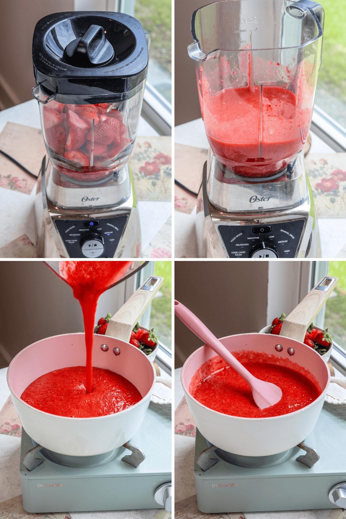 first picture: strawberries in a blender. second picture: pureed strawberries in a blender. third picture: pouring pureed strawberries in the saucepan. Fourth picture: stirring the sauce with a spatula.