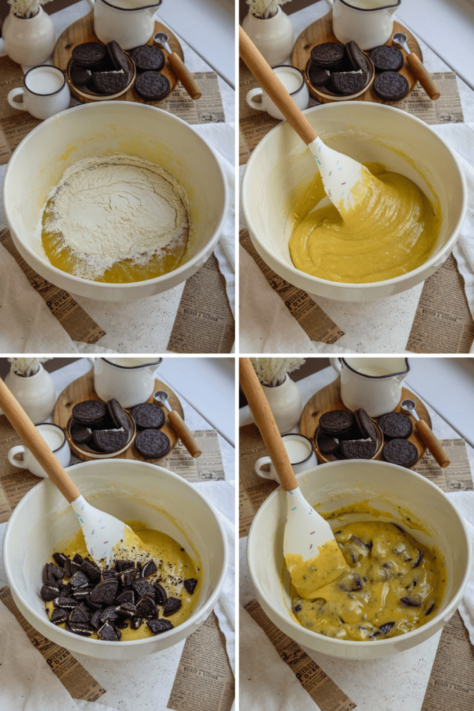 first picture: bowl with white chocolate brownie batter inside and flour added to the bowl. second picture: smooth white chocolate brownie batter in a bowl with a spatula. third picture: bowl with white chocolate brownie batter inside and chopped oreos added to the bowl, with a spatula. fourth picture: bowl with cookies and cream batter inside and a spatula.