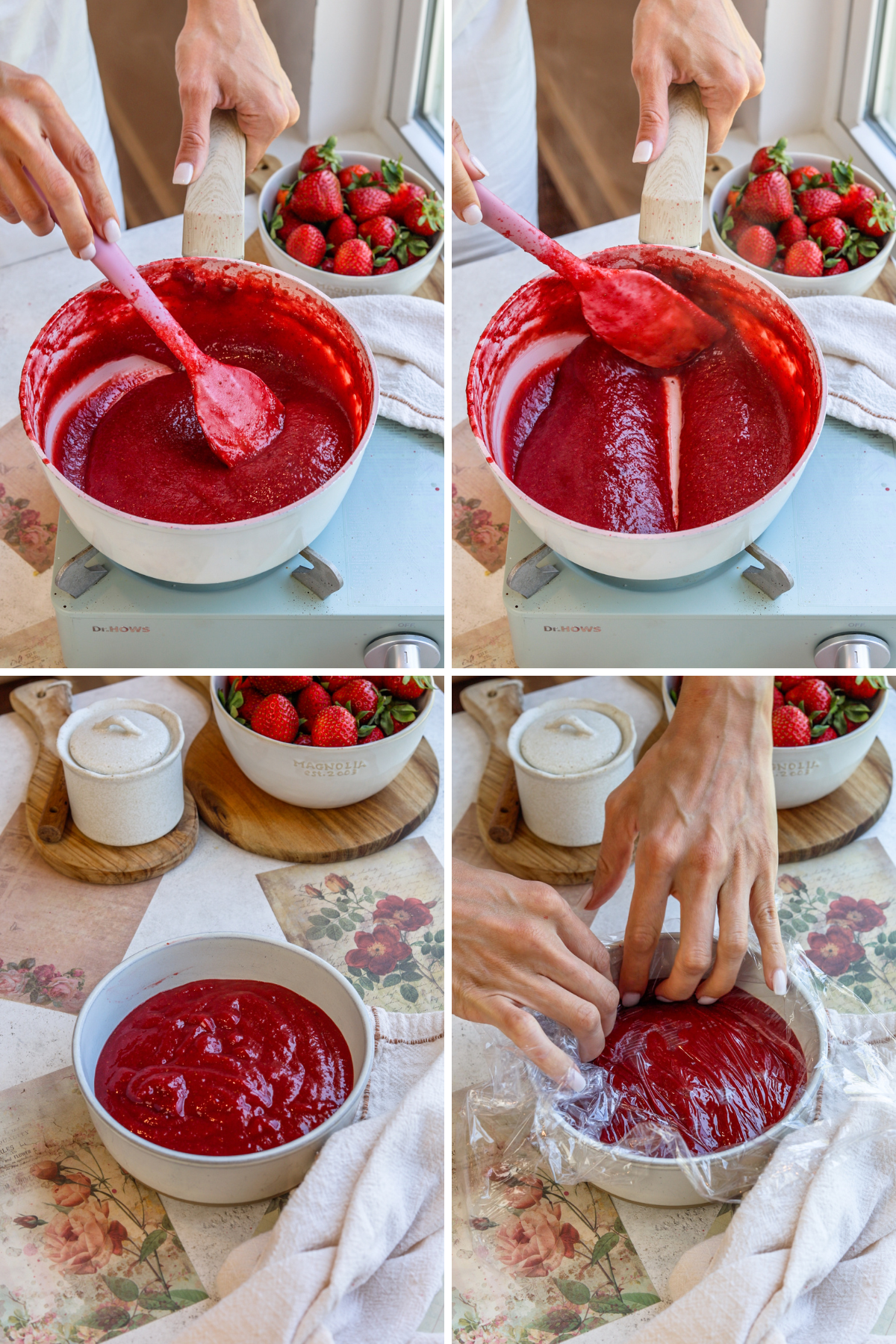 first picture: saucepan with strawberry puree inside being stirred with a spatula. second picture: spatula stirring the strawberry sauce. third picture: strawberry sauce in a bowl. fourth picture: hand covering strawberry sauce with plastic wrap.