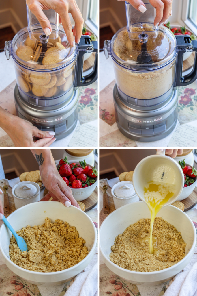 first picture: golden oreos inside a food processor. second picture: golden oreos processed in a food processor. third picture: bowl with golden oreo crumbs inside. fourth picture: pouring melted butter inside the bowl with golden oreo crumbs.
