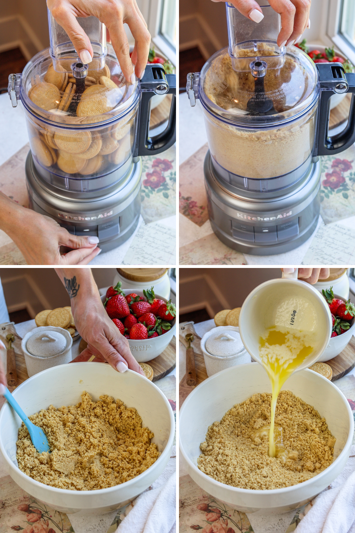 first picture: golden oreos inside a food processor. second picture: golden oreos processed in a food processor. third picture: bowl with golden oreo crumbs inside. fourth picture: pouring melted butter inside the bowl with golden oreo crumbs.