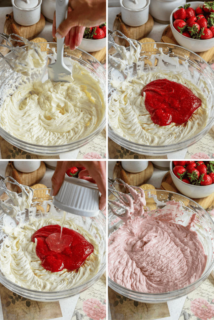first picture: bowl with whipped cream cheese and a spatula scraping the sides. second picture: bowl with whipped cream cheese, and strawberry puree added to it. third picture: bowl with whipped cream cheese, strawberry puree, and dissolved gelatin being added to it. fourth picture: bowl with strawberry cream cheese batter inside.