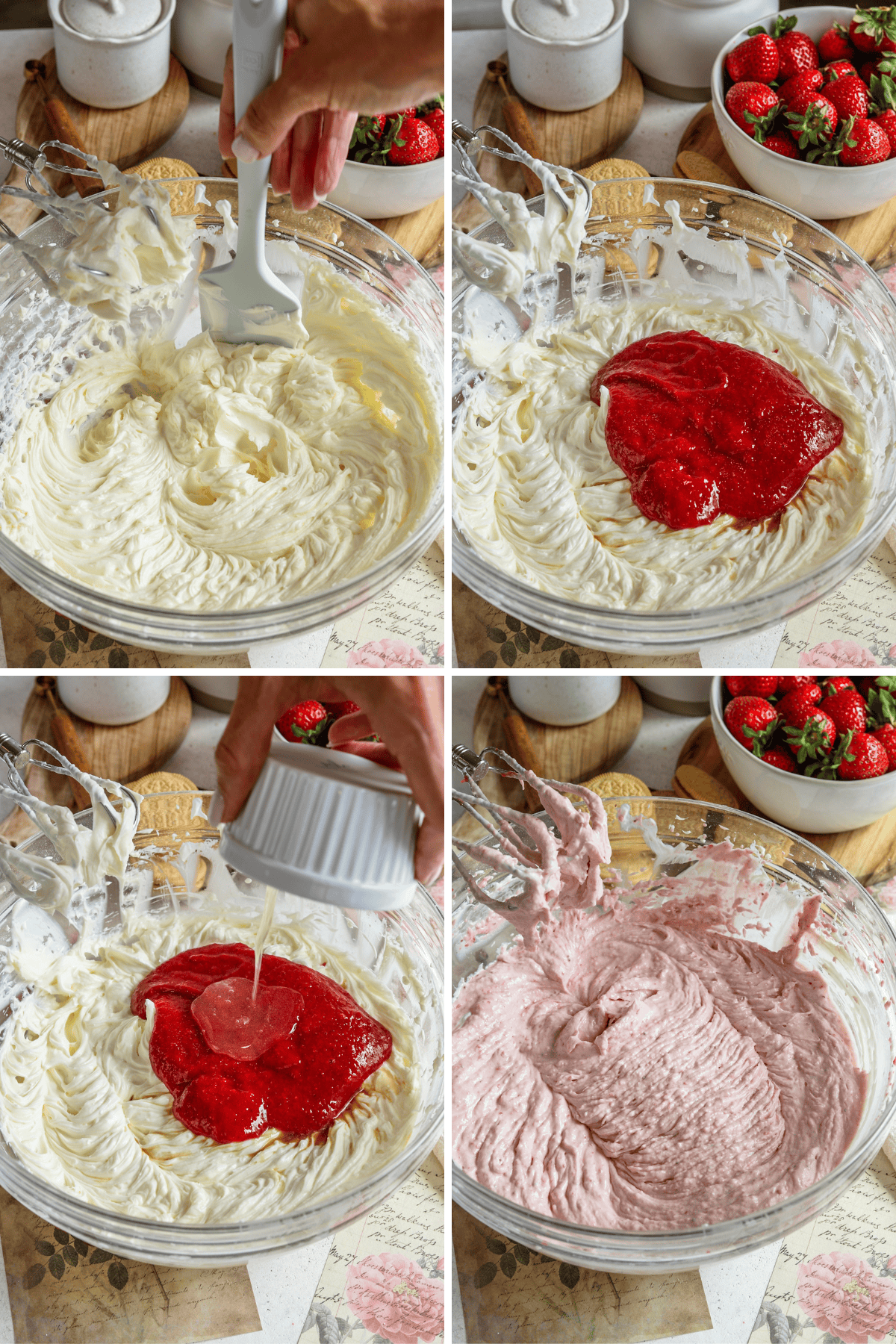 first picture: bowl with whipped cream cheese and a spatula scraping the sides. second picture: bowl with whipped cream cheese, and strawberry puree added to it. third picture: bowl with whipped cream cheese, strawberry puree, and dissolved gelatin being added to it. fourth picture: bowl with strawberry cream cheese batter inside.