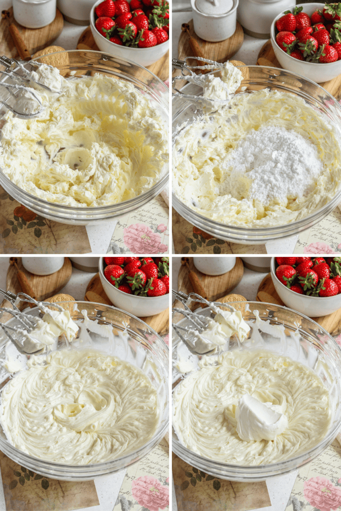 first picture: bowl with cream cheese whipped inside the bowl. second picture: bowl with whipped cream cheese, and powdered sugar added to the bowl. third picture: bowl with whipped cream cheese and sugar. fourth picture: bowl with whipped cream cheese and sour cream added to the bowl.