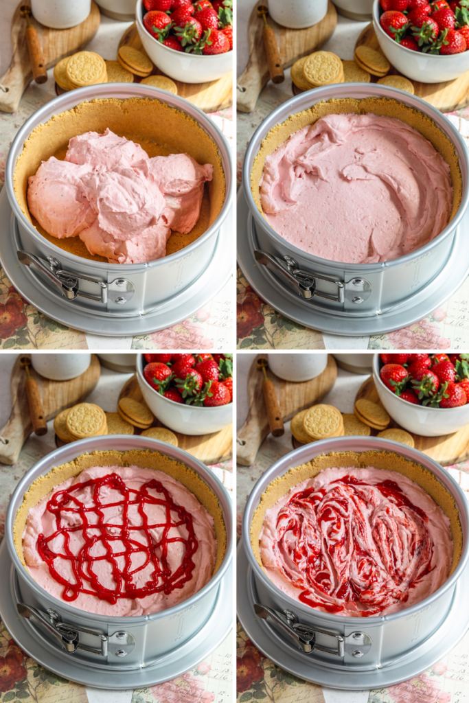first picture: springform pan with crust and strawberry no bake batter added to the bowl. second picture: strawberry no bake batter spread on the bottom of the crust. third picture: springform pan with strawberry sauce drizzled on top of it. fourth picture: strawberry sauce swirled in cheesecake batter.