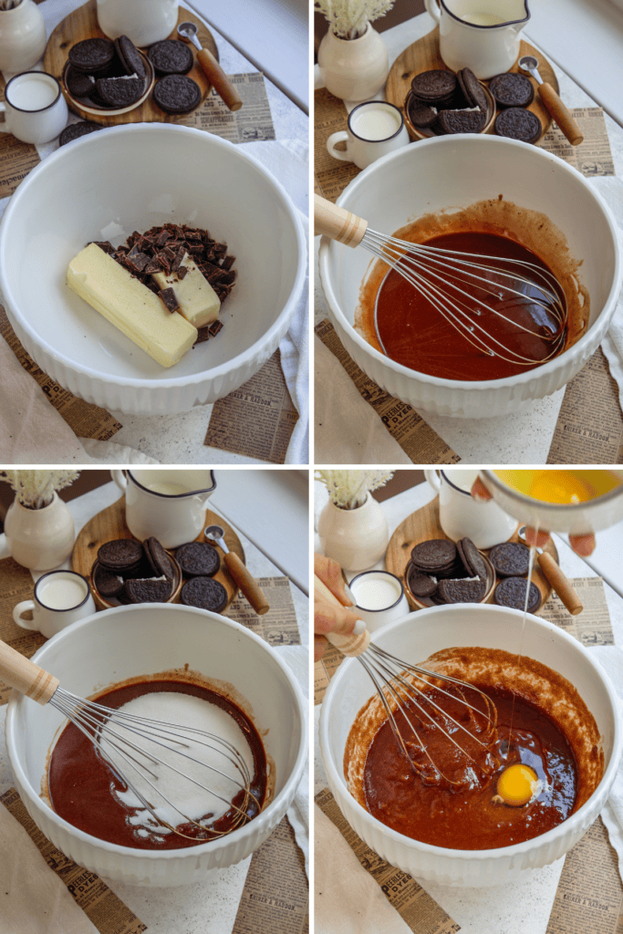 first picture: bowl with butter sticks and chocolate chips inside. second picture: whisk in a bowl with melted butter and chocolate. third picture: bowl with melted chocolate and butter and sugar added on top, with a whisk in the bowl. fourth picture: bowl with melted chocolate and butter and sugar whisked together, and an egg added to the bowl.