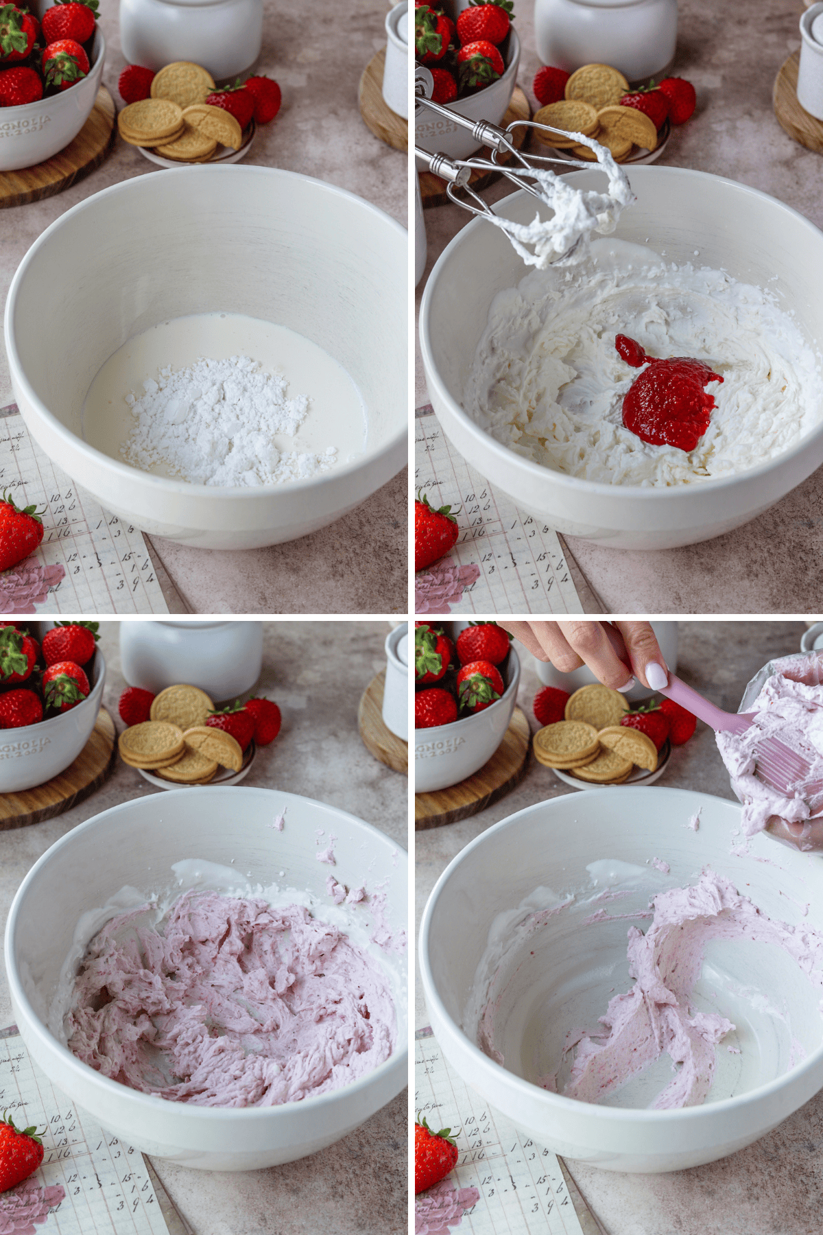 first picture: bowl with whipping cream and sugar in the bowl. second picture: whipped cream with strawberry sauce added to it. third picture: bowl with strawberry whipped cream inside. fourth picture: bowl with strawberry whipped cream inside.