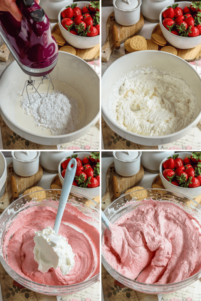 first picture: bowl with heavy cream inside and powdered sugar. second picture: bowl with whipped cream inside. third picture: bowl with strawberry cheesecake batter and whipped cream added to it. fourth picture: bowl with strawberry cheesecake batter.
