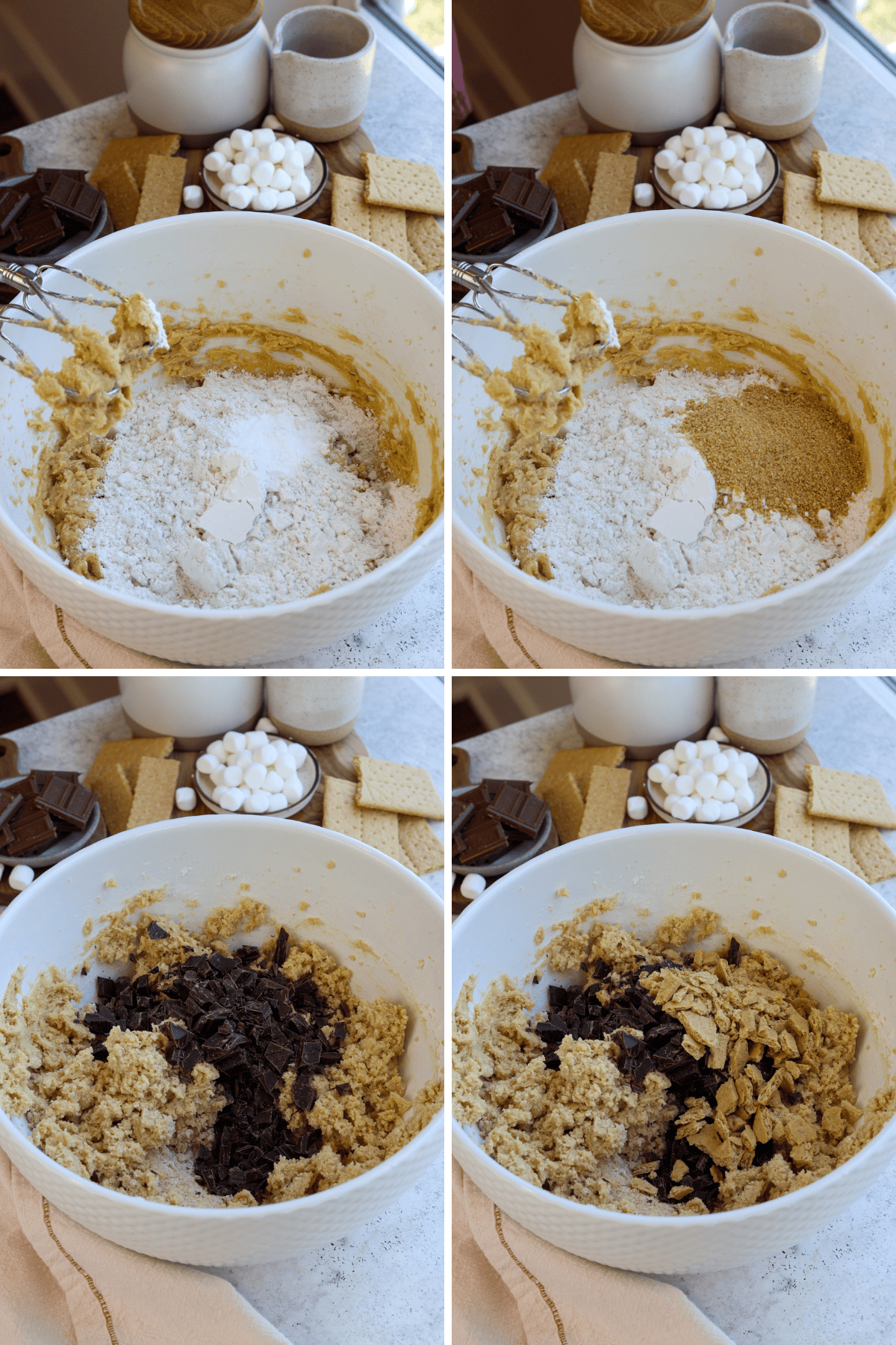 first picture: bowl with whipped dough for cookies and flour added to the dough. second picture: bowl with whipped dough for cookies and flour and graham cracker crumbs added to the dough. third picture: bowl with dough mixed inside and chocolate chips added to it. fourth picture: bowl with dough inside and added chocolate chips and chopped graham crackers.