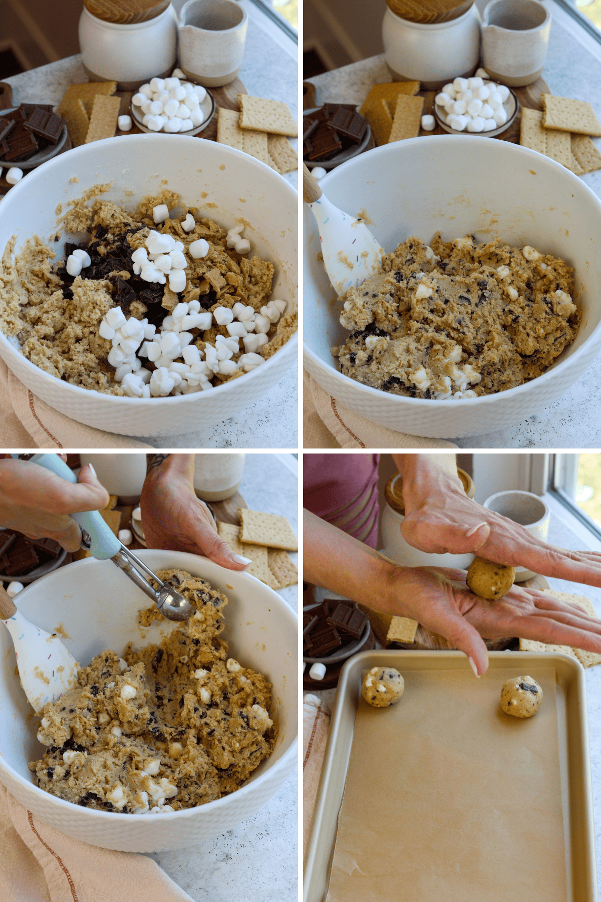 first picture: bowl with whipped dough for chocolate chip cookies, and marshmallows added to the bowl. second picture: dough mixed until combined and smooth in the bowl. third picture: hand scooping dough with a cookie scoop. fourth picture: rolling cookie dough between hands to place on a baking sheet that's underneath.